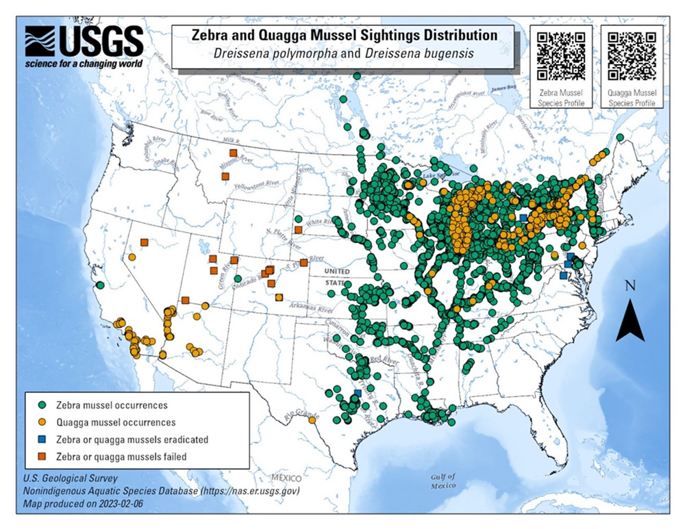 US & Canada map showing many locations where invasive mussels have been found