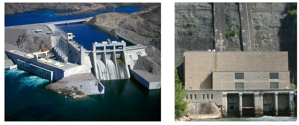 Bureau of Reclamation’s Davis Dam (left above) and the DeCew II Generating Station operated by Ontario Power Generation (right).